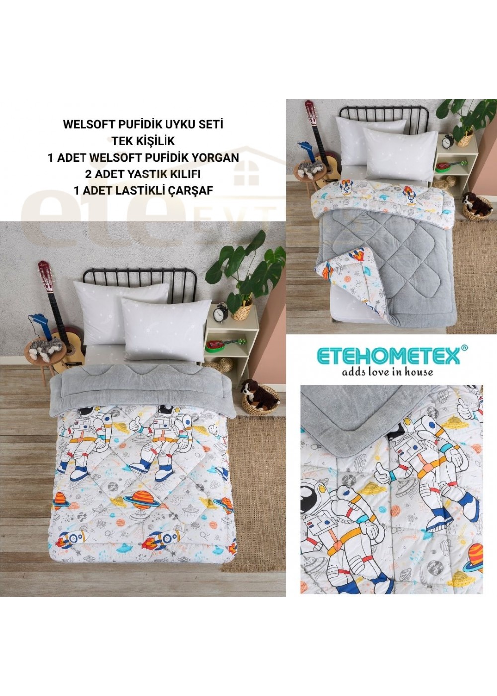 ETE HOMETEX TEK KİŞİLİK WELSOFT UYKU SETİ ASTRONOT GRİ 8696474232002